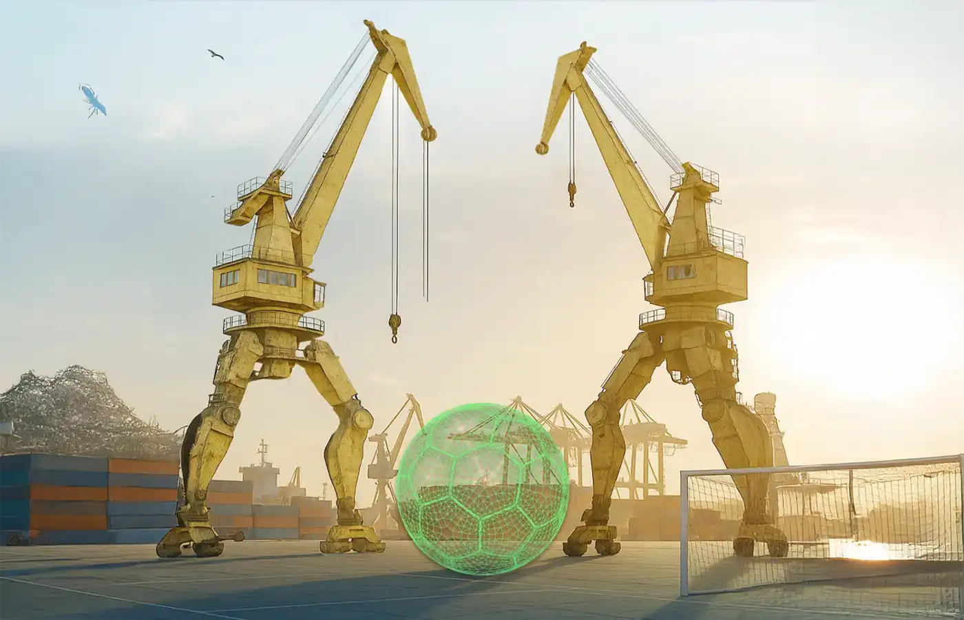 Hafen mit zwei gelben Krähnen im Sonnenuntergang