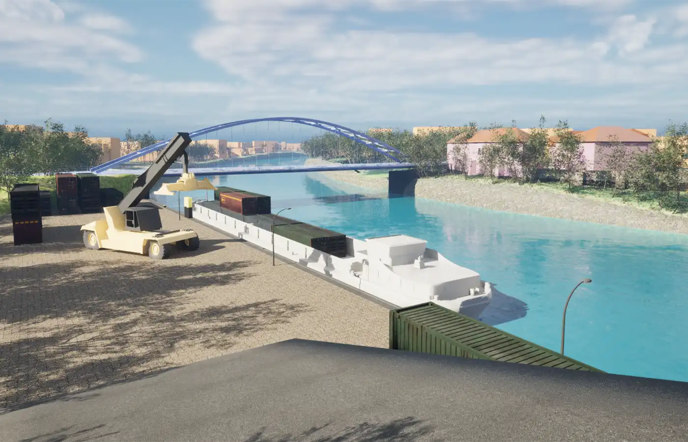 Ein aus Klemmbausteinen nachgebautes Hafenterminal mit Schiffen neben einem Tablet, das ein digitales Hafenlogbuch zur KI-gestützten Planung der Infrastrukturnutzung zeigt.