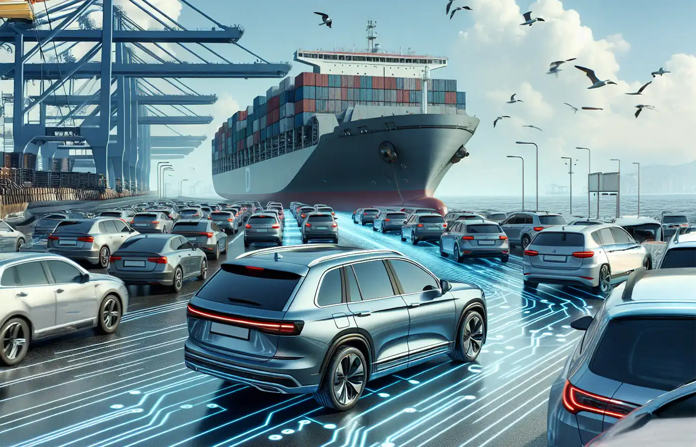 Visualisierung von automatisiertem Fahren auf einem Automobilterminal mit vernetzten Fahrzeugen vor einem Containerschiff für das LogDynamics Forschungshighlight.