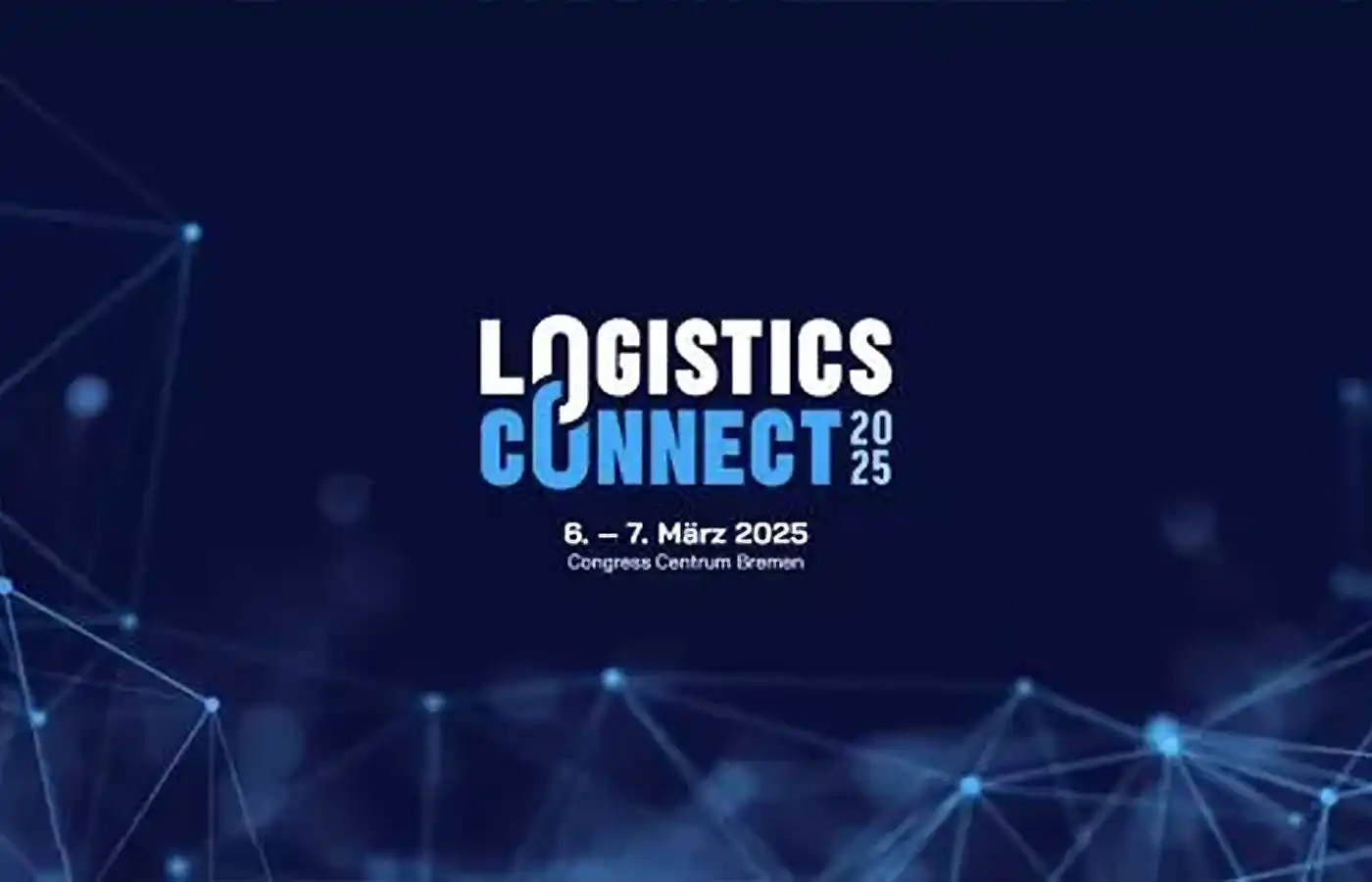 Offizielles Logo der LogisticsConnect 2025 vor einem dunkelblauen Hintergrund mit digitalem Netzwerkmuster für die innovative Logistik-Kongressmesse in Bremen.